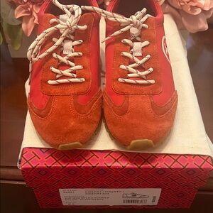 Tory Burch Women's Vintage Nylon Runner sneaker in red suede and nylon.